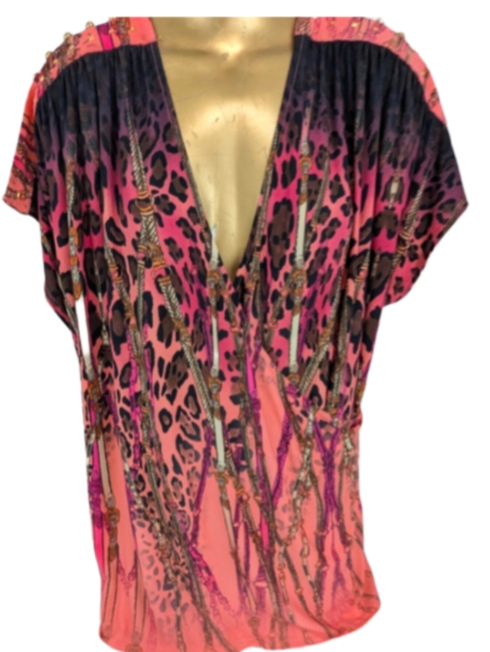 George Simonton Deep V-Neck Salmon & Gold Leopard & Chain Print Blouse 2X